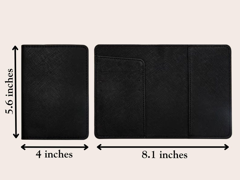 May include: Two black leather organizers are displayed. The smaller one is 4 inches wide and 5.6 inches tall. The larger one is 8.1 inches wide. Both have a textured surface and are shown against a neutral background.