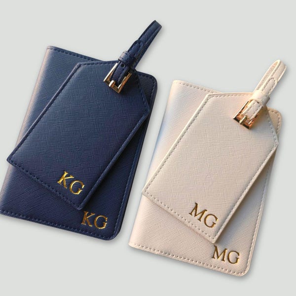Funda de pasaporte personalizada y etiqueta de equipaje. Porta pasaporte personalizado. Accesorios de viaje. Ideas de regalo para viajes. Regalos de vacaciones. Recuerdos de boda.