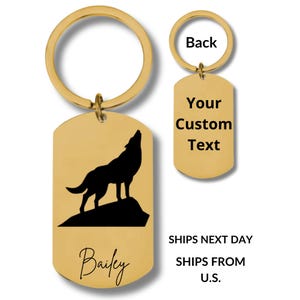 Wolf On Rock, Stainless Steel Engraved Rectangle Keychain, Personalized Engraving Included