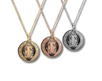 Collar con colgante de disco grabado de acero inoxidable de San Benito: joyería con medalla católica, regalo religioso