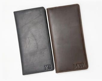 Personalized Long Leather Wallet, Custom Initials Genuine Leather Bifold Checkbook Wallet, Slim Travel Wallet, Groomsmen Bridesmaid Gift