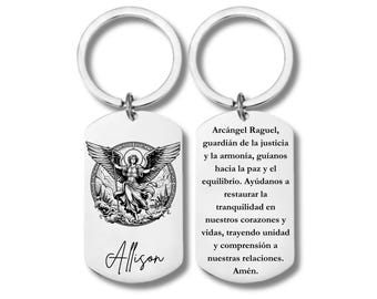 Archangel Rague, Optional Prayer in Spanish, Stainless Steel Engraved Rectangle Keychain, Personalized Engraving Included