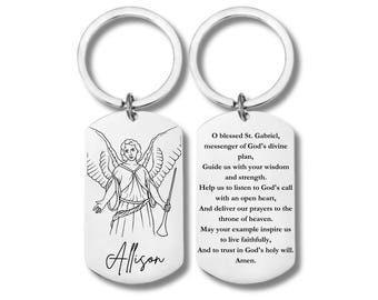 San Gabriel Arcángel con Oración, Llavero Rectangular de Acero Inoxidable, Grabado Personalizado Incluido