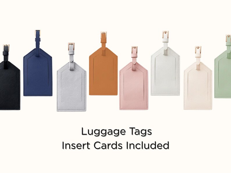 May include: A collection of luggage tags in various colors, including black, navy blue, gray, tan, pink, white, and green. Each tag has a rectangular shape with a top strap and a gold-colored buckle. The text "Luggage Tags Insert Cards Included" is at the bottom.