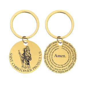 Stainless Steel Round Keychain, Saint Christopher Image with Prayer on back