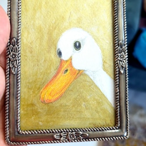 Mini Duck Portrait | Hand-Drawn Color Pencil & Oil Background | Vintage Frame | Whimsical Animal Art | Original Wall Decor