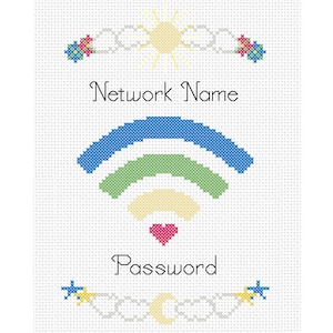 Könnte beinhalten: Ein Kreuzstichmuster für eine WLAN-Passwortkarte. Die Karte zeigt ein stilisiertes WLAN-Symbol mit einem Herzen in der Mitte. Der Text "Netzwerkname" und "Passwort" ist ebenfalls enthalten.