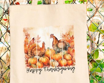 Turkey & Pumpkins Thanksgiving Cotton Canvas Tote Bag: Watercolor Design