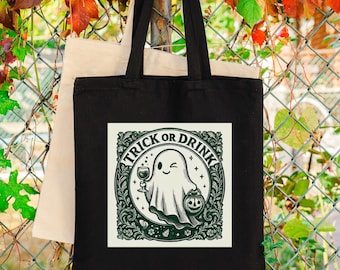Ghost 'Trick or Drink' Canvas Tote Bag | Cute Halloween Tote Bag | Eco Cotton Tote | Funny Ghost Bag | Cute Ghost Tote | Funny Halloween Bag
