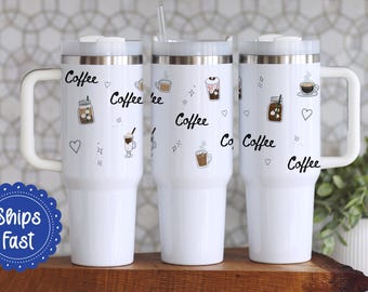 Coffee Lover Doodle Tumbler 40oz | Coffee Lover Gift | Travel Mug with Handle | Gift for Her
