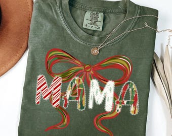 Comfort Colors Christmas Mama T-Shirt | Coquette Brushstroke Bow Holiday Mom Tee | New Mom X-Mas Gift | XMas Bow Mama TShirt