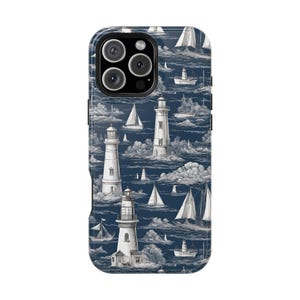 Nautical Sailboat & Lighthouse Toile Cell Phone Case, Fisherman Aesthetic, iPhone Case, Tough Phone Case, Cute Phone Case, iPhone 16 Case