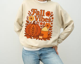 Sudadera de cuello redondo con vibraciones otoñales / Sudadera retro de otoño / Sudadera vintage con especias de calabaza / Suéter de cuello redondo otoñal bonito / Suéter retro de calabaza