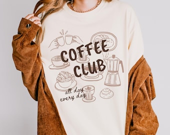 Komfort Farben Coffee Club T-Shirt | Kaffee-Liebhaber-Gekritzel-Hemd | Kaffee-Liebhaber-T-Shirt | Kaffeeliebhaber Geschenk | Trendiges Vintage Kaffee TShirt