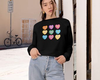 Suéter corto, lindo suéter de corazón de crochet para mujer, suéter de polar, regalo de San Valentín, sudadera con corazón de conversación, para amantes del crochet