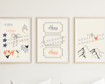 UVA Wall Print- Coquette wall print UVA- University of Virginia Wall Decor- Apartment Wall Decor- College wall decor- Set of 3 Wall Prints