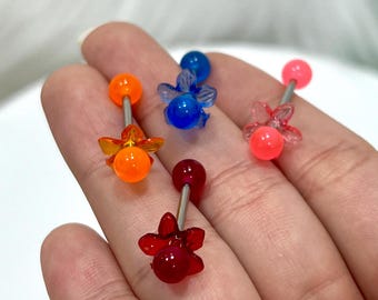 14G Glow in the Dark Tongue Ring Barbell with Interchangeable Flower Top Glow Piercing Jewelry