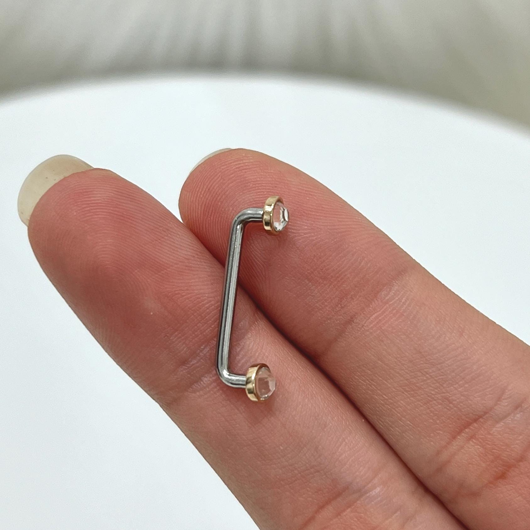 14K Solid Gold Flat Bezel Crystal CZ Top With 316L Surgical