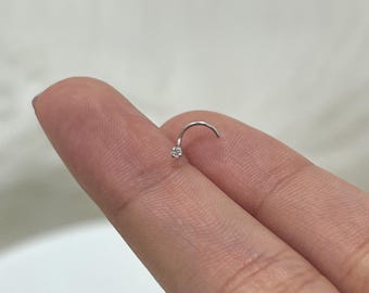 14K White Gold Diamond Nose Stud: 22G Minimalist Corkscrew Nose Ring