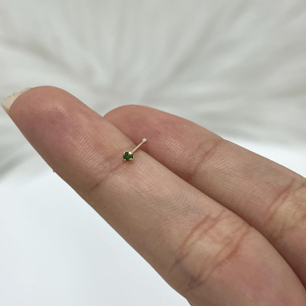 14K Gold Nose Ring Stud Bone Piercing with Genuine Emerald Stone 22G Piercing Jewelry