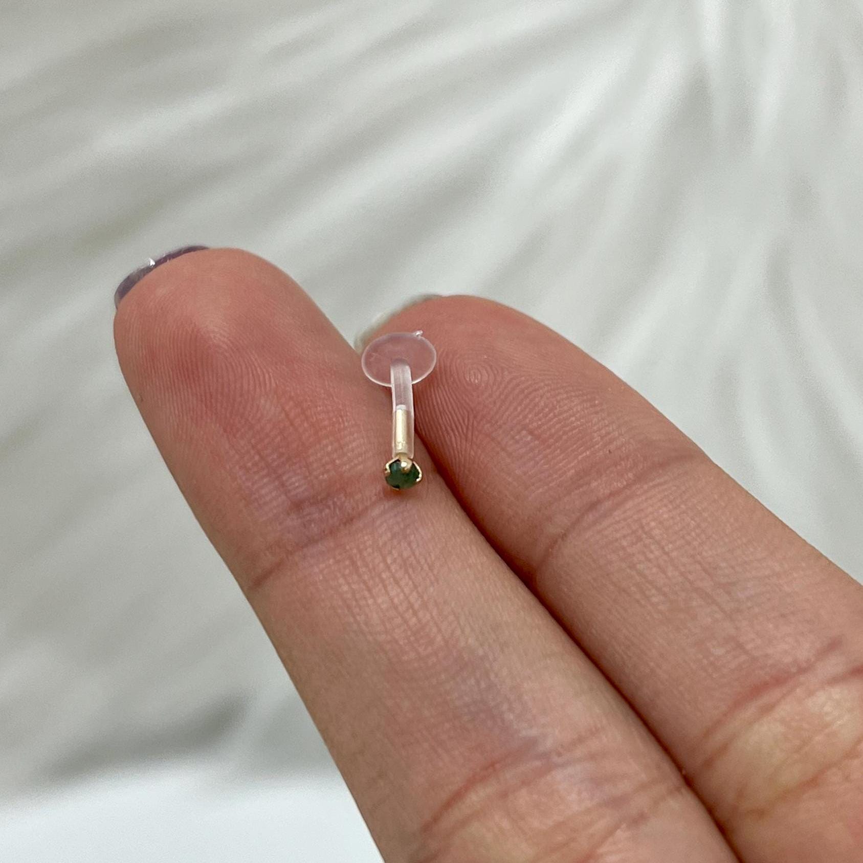 Emerald Labret: 14K Gold Lip Ring, Bioflex Threadless Stud (16G)