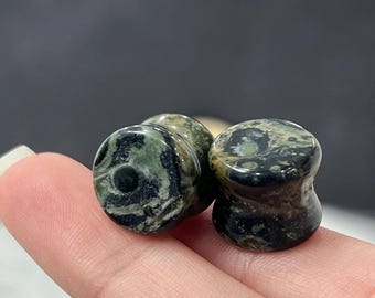 Green Eye Jasper Double Flare Plugs - Semi Precious Stone Ear Gauges Pair, 6G 0G 00G 1/2" to 1"