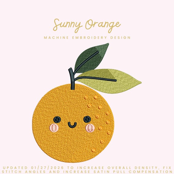 Sunny Orange Embroidery File |  Digital Download for Machine Embroidery | 6 Sizes | Cute Citrus • Smiling Orange