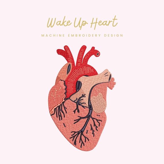 Wake Up Heart Embroidery File |  Digital Download for Machine Embroidery | 6 Sizes | Anatomical Heart • Medical and Wellness Art