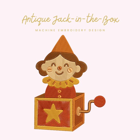 Antique Jack-in-the-Box Embroidery File |  Digital Download for Machine Embroidery | 7 Sizes | Vintage Toy • Retro Nursery