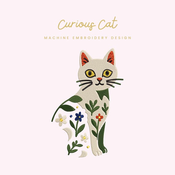 Curious Cat Embroidery File | Digital Download for Machine Embroidery | 6 Sizes | Floral Feline Stitch • Folk Art Kitty