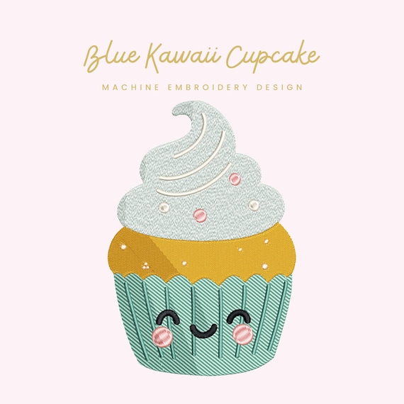 Blue Kawaii Cupcake Embroidery File |  Digital Download for Machine Embroidery | 6 Sizes | Kawaii Food Design • Smiling Dessert