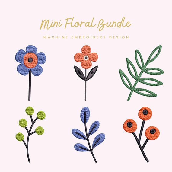 Mini Floral Bundle Embroidery File |  Digital Download for Machine Embroidery | 6 Designs | Floral Sprigs & Leaves • Cute Stitch Motifs