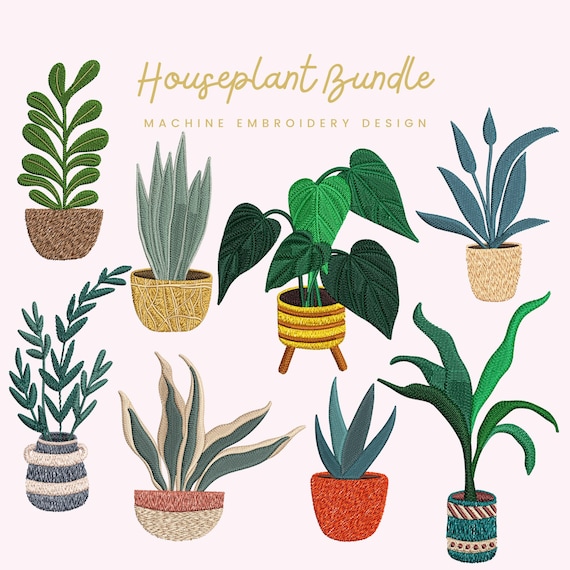 Houseplant Bundle Embroidery File |  Digital Download for Machine Embroidery | 8 Designs | Potted Plants • Modern Botanical