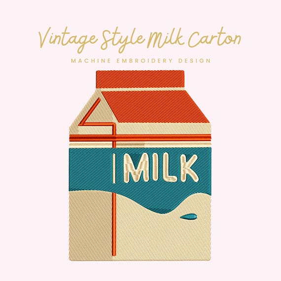 Vintage Style Milk Carton Embroidery File | Digital Download for Machine Embroidery | 6 Sizes | Retro Milk Design • Kitchen and Diner