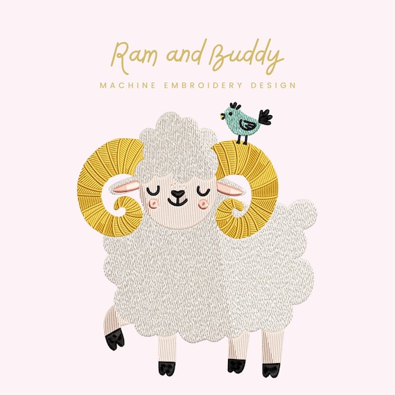 Ram and Buddy Embroidery File | Digital Download for Machine Embroidery | 6 Sizes | Sheep Farm Animal • Cute Ram and Bird