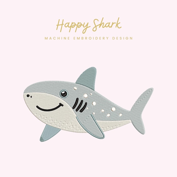 Happy Shark Embroidery File | Digital Download for Machine Embroidery | 6 Sizes | Ocean Animal • Sea Creature