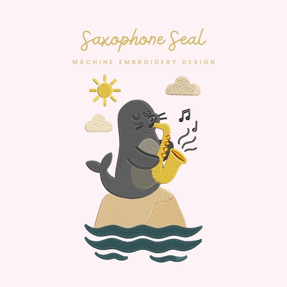 Saxophone Seal Embroidery File | Digital Download for Machine Embroidery | 6 Sizes | Jazz Musical • Cute Ocean Animal