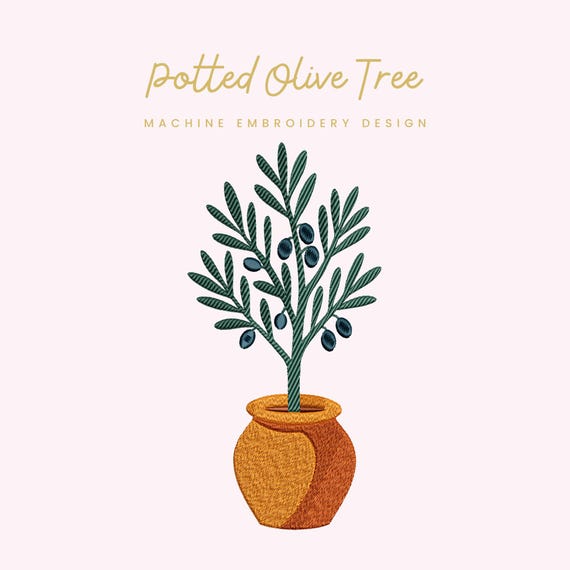 Potted Olive Tree Embroidery File | Digital Download for Machine Embroidery | 6 Sizes | Olive Plant Stitch • Mediterranean Plant Embroidery