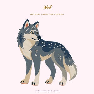 May include: A digital machine embroidery design featuring a stylized wolf in shades of dark blue, grey, and beige. The text reads Wolf, MACHINE EMBROIDERY DESIGN, and IGNITE WONDER • DIGITAL DESIGN. The wolf is standing and looking over its shoulder.