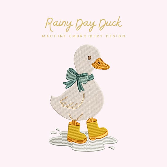 Rainy Day Duck Embroidery File | Digital Download for Machine Embroidery | 6 Sizes | Duck in Boots • Spring Nursery Embroidery
