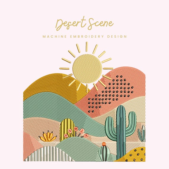 Desert Scene Embroidery File | Digital Download for Machine Embroidery | 6 Sizes | Boho Landscape • Cactus • Western