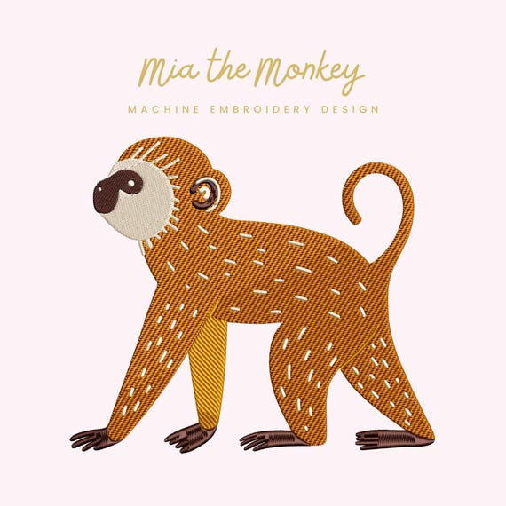 Mia the Monkey Embroidery File | Digital Download for Machine Embroidery | 6 Sizes | Jungle Animal Stitch • Primate Embroidery