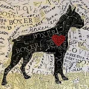 May include: A black silhouette of a boxer dog with a red glitter heart on its chest. The background is a collage of white paper with the word "boxer" written in black ink repeatedly.