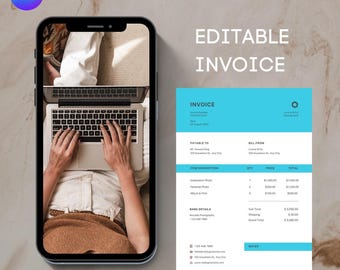 May include: Editable invoice template on a smartphone screen. The invoice is for photography services and includes a list of items, prices, and totals. The invoice is blue and white with a logo in the top right corner.