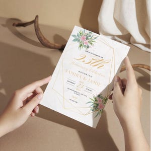 Faire-part 25e anniversaire de mariage floral, modèle d'invitation pour le dîner d'anniversaire, réception d'anniversaire élégante, modèle d'invitation numérique