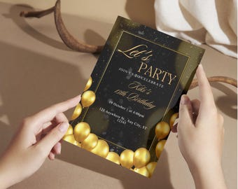 May include: Black and gold birthday party invitation with gold balloons and the text "Let's Party" and "Join us to celebrate Kiki's 13th Birthday".