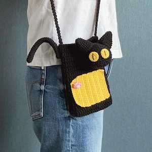 Sac pour téléphone chat noir au crochet fait main | Sac à bandoulière mignon et élégant, sac à bandoulière en fil écologique | Cadeau parfait pour elle, enfants