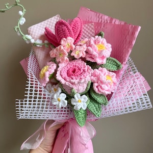 Cute Pink Rose Crochet Flower bouquet|Love Gift Flower for Anniversary, Birthday, Wedding Girlfriend, Wife, home decor, Knitted flower bunch