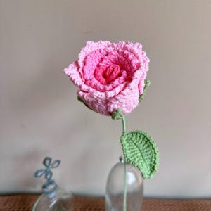 K&ouml;nnte beinhalten: Eine geh&auml;kelte rosa Rose mit gr&uuml;nen Bl&auml;ttern in einer durchsichtigen Glasvase. Die Vase steht auf einer braunen Oberfl&auml;che.