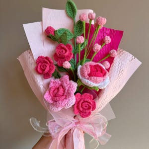 Pink Red Rose Crochet Flowers bouquet|Love Gift for Anniversary, Birthday, knitted Forever flower for her, Wife, Mom, Daughter